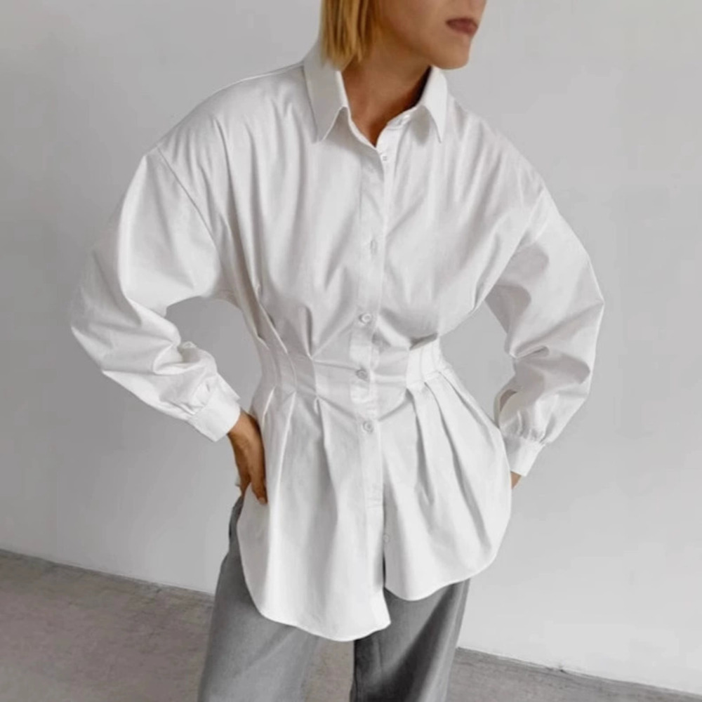 Forever 21 Slim Fit Pleated Waist Long White Shirt Spring Layering - Picture 6 of 6